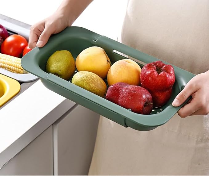 NIWWIN Collapsible Kitchen Colander Strainer, Expandable Over the Sink Colander for Kitchen, Adjustable Silicone Portable Sink Strainer, Foldable Wash Fruits Vegetables Noodle Basket (Green)