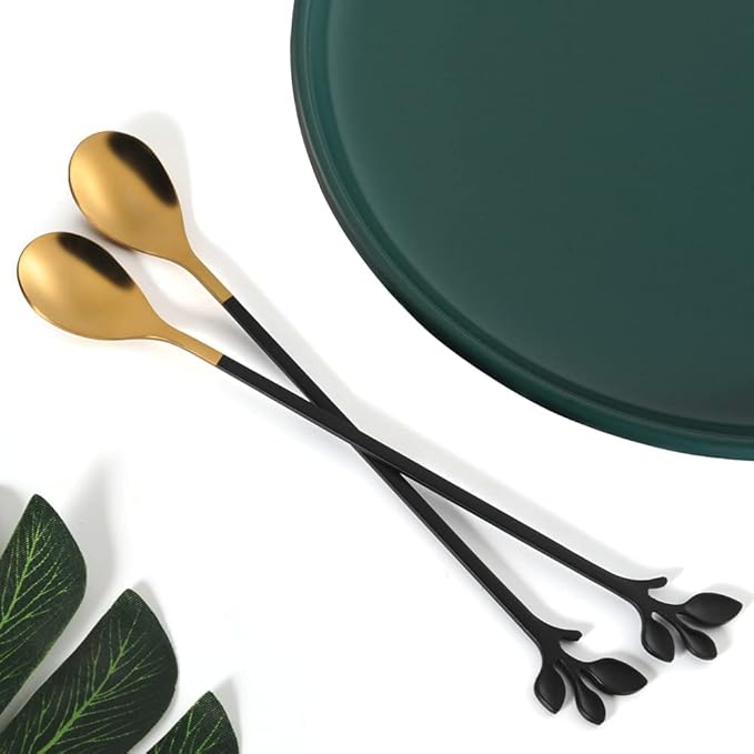 AnSaw 6-Piece Elegant Black & Gold Leaf Long Handle Teaspoons - 7.4" Stainless Steel Stir Spoons for Coffee & Tea, Perfect for Mixing & Stirring - Image 5