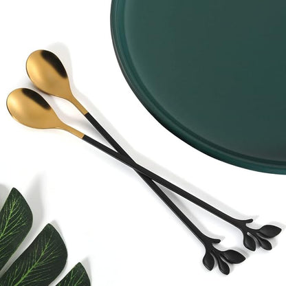 AnSaw 6-Piece Elegant Black & Gold Leaf Long Handle Teaspoons - 7.4" Stainless Steel Stir Spoons for Coffee & Tea, Perfect for Mixing & Stirring - Image 5