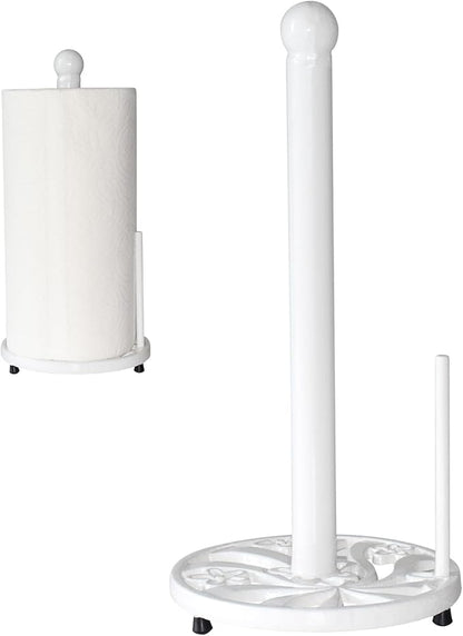 White Cast Iron Paper Towel Holder for Kitchen Countertop - Vintage Floral Standing Dispenser with Heavy Weighted Base, Farmhouse Decor, Fits Jumbo Rolls, One-Handed Tear