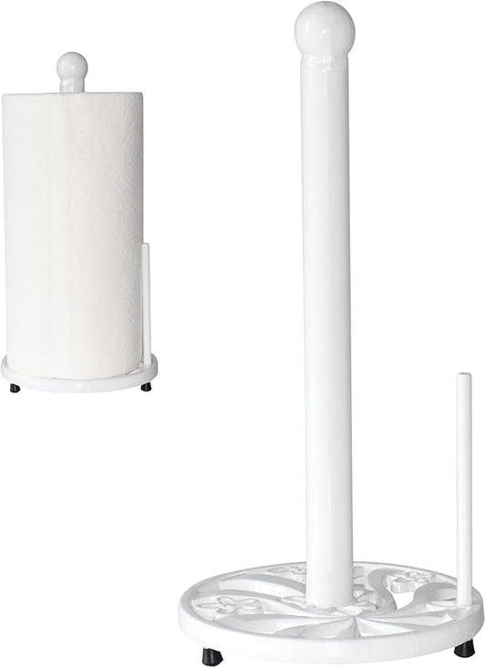 White Cast Iron Paper Towel Holder for Kitchen Countertop - Vintage Floral Standing Dispenser with Heavy Weighted Base, Farmhouse Decor, Fits Jumbo Rolls, One-Handed Tear