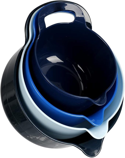 BoxedHome 4 Pack Nesting Mixing Bowls with Pour Spout and Handle, Plastic Large Mixing bowl BPA free Microwave & Dishwasher Safe(Blue, 4 Pack with Handle) by BoxedHomeProducts