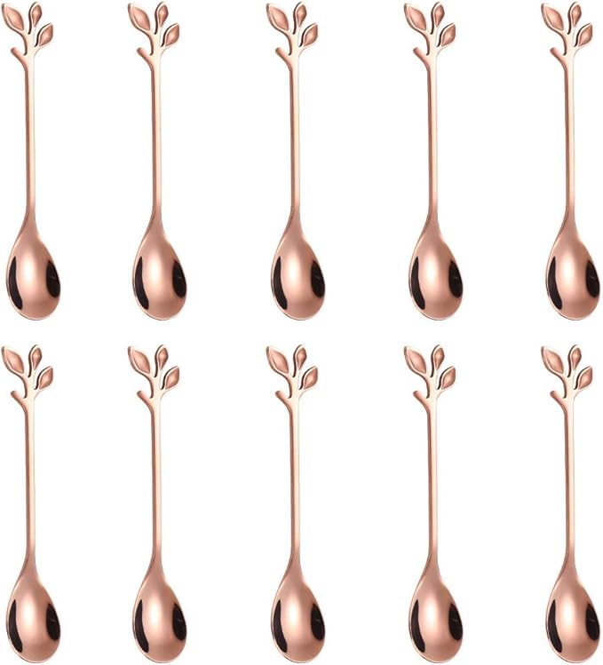AnSaw Elegant Rose Gold Leaf Coffee Spoons - 10-Piece, 4.7" Mini Stainless Steel Espresso & Dessert Tea Spoons, Perfect for Demitasse & Small Servings by AnSaw