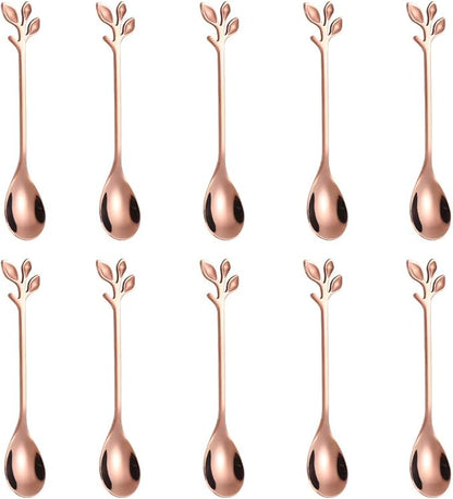 AnSaw Elegant Rose Gold Leaf Coffee Spoons - 10-Piece, 4.7" Mini Stainless Steel Espresso & Dessert Tea Spoons, Perfect for Demitasse & Small Servings by AnSaw