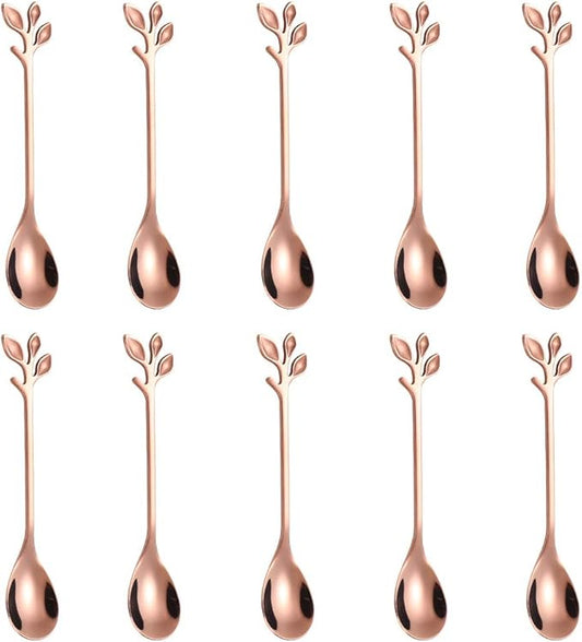 AnSaw Elegant Rose Gold Leaf Coffee Spoons - 10-Piece, 4.7" Mini Stainless Steel Espresso & Dessert Tea Spoons, Perfect for Demitasse & Small Servings by AnSaw