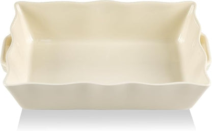 Sweejar Casserole Dishes for Oven, Ceramic 9x13 Baking Dish, Wave Edge Bakeware with Handles, Large Rectangular Lasagna Pan Deep for Roasting, Baking, Cooking, Banquet and Daily Use (Beige) by Sweejarco1949