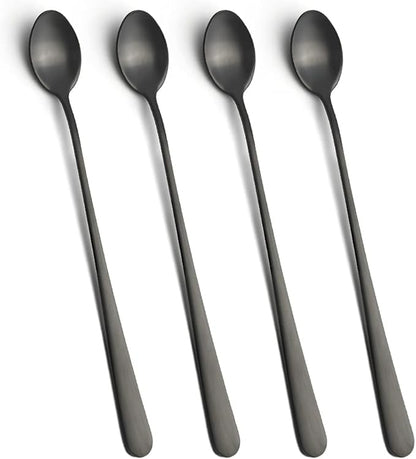 IQCWOOD Long Handle Ice Tea Spoons, 9-inch Black Coffee Stirrers, Stainless Steel Coffee Bar Spoon, Long Tea Spoon Cocktail Spoons for Stirring, Set of 4