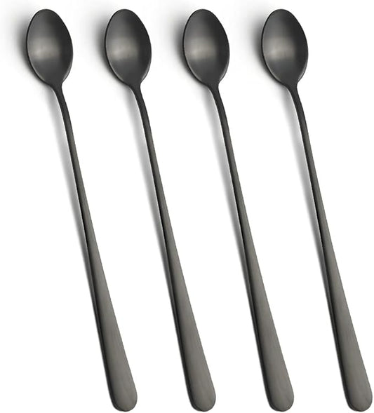 IQCWOOD Long Handle Ice Tea Spoons, 9-inch Black Coffee Stirrers, Stainless Steel Coffee Bar Spoon, Long Tea Spoon Cocktail Spoons for Stirring, Set of 4