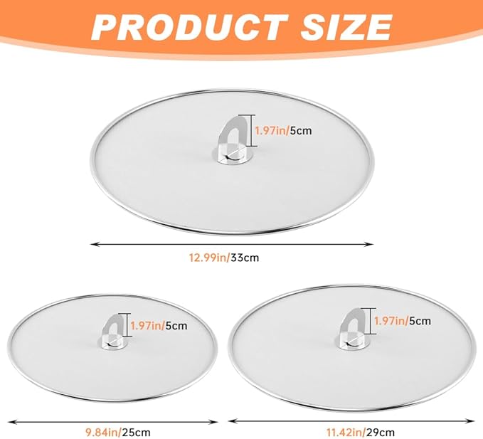 Splatter Screen for Frying Pan, 3 Pack (13/11.5/10 in) Stainless Steel Extra-Fine Mesh Grease Splatter Guard with Fold-Flat Knob, Dishwasher Safe - Image 9