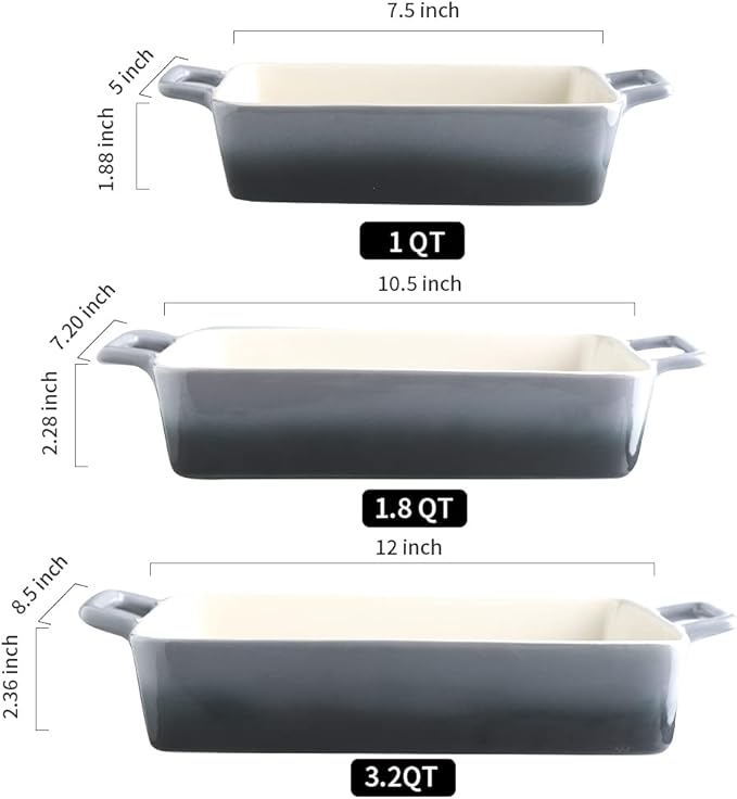 KOOV Bakeware Set, Ceramic Baking Dish, Rectangular Baking Pans for Cooking, Cake Dinner, Kitchen, Banquet and Daily Use, 12 x 8.5 Inches, 3-Piece (Gradient Gray) - Image 3