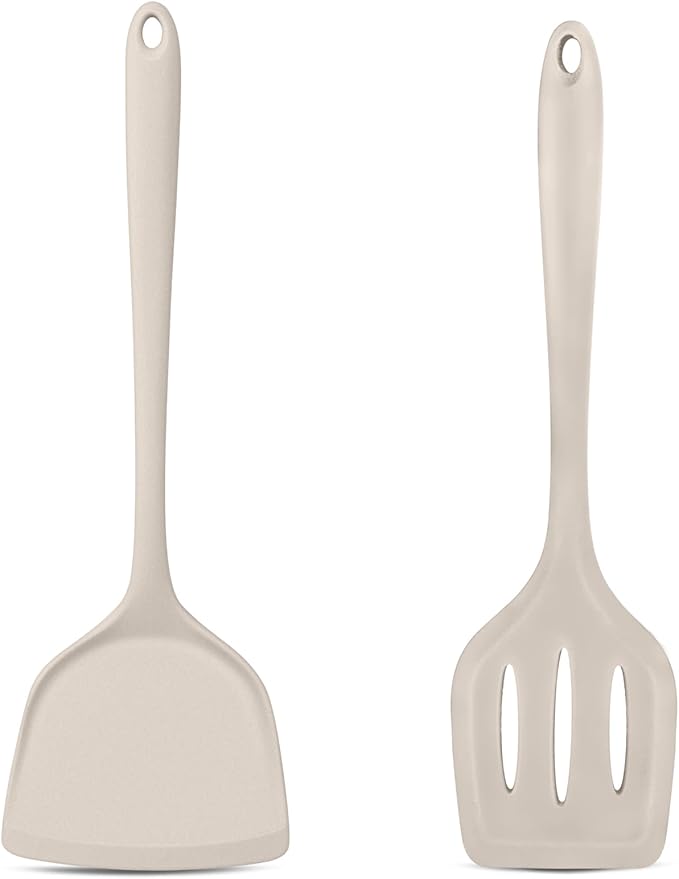 TeamFar Silicone Spatulas, Solid & Slotted Cooking Turner for Non-stick Cookware, 2pcs Kitchen Utensils for Flipping/Turning, Healthy & Seamless, Heat-Resistant & Non-Scratch, Dishwasher Safe, Khaki by TeamFar