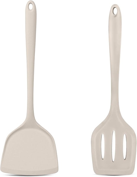 TeamFar Silicone Spatulas, Solid & Slotted Cooking Turner for Non-stick Cookware, 2pcs Kitchen Utensils for Flipping/Turning, Healthy & Seamless, Heat-Resistant & Non-Scratch, Dishwasher Safe, Khaki by TeamFar