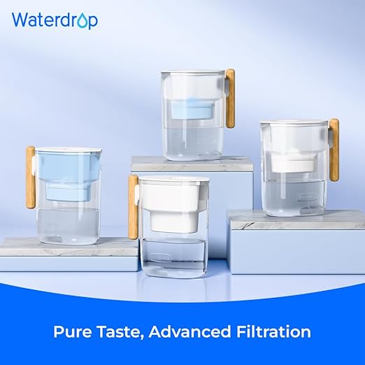Waterdrop PT-04C-A Alkaline Water Filter Pitcher, 10-Cup Capacity, Healthy, Clean & Toxin-Free Mineralized Alkaline Water, Up to pH 9.5, BPA-Free, 100 Gallons, Sturdy Wooden Handle, Clear
