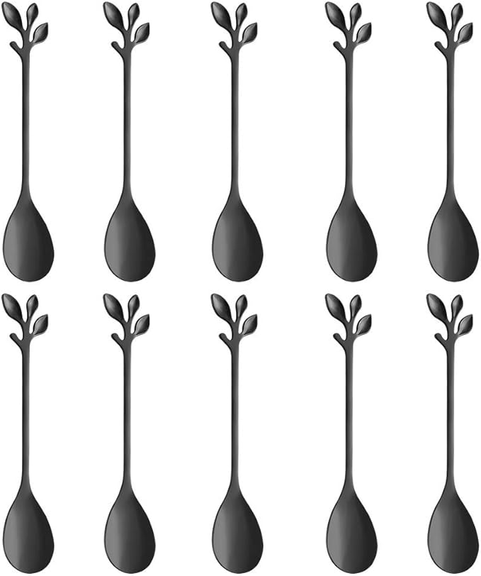 AnSaw Elegant Black Leaf Coffee Spoons - 10-Piece, 4.7" Mini Stainless Steel Espresso & Dessert Tea Spoons, Perfect for Demitasse & Small Servings by AnSaw