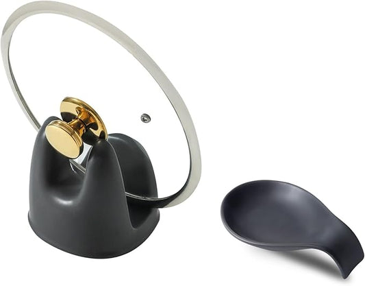 Nihow Pot Lid Holder and Spoon Rest for Kitchen Counter/Stove Top While Cooking - Heat Resistant & Dishwasher Safe - Elegant Matte Black Sets by Nihow