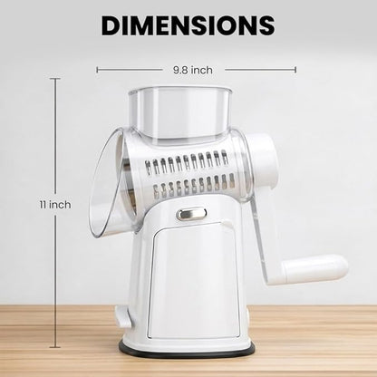 Rotary Cheese Grater Hand Crank, 10-Blade Shredder with Handle, Vegetable Slicer Mandoline Food Chopper, Strong Suction Base Kitchen Gadget for Cheese Vegetables Nuts – White