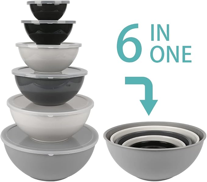 BoxedHome BPA Free Plastic Round Mixing Bowl with Lids, 12 Pack Nesting Bowls with Lids Set, Microwave and Dishwasher Safe Prep & Serving Bowls Great for Mixing, Baking, Serving (Grey, 12pcs) - Image 3