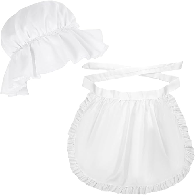 Tucnoeu 2pcs White Mob Cap Half Apron Halloween Colonial Costume Set Women Pilgrim Costume Accessories for Maid Girl Cosplay