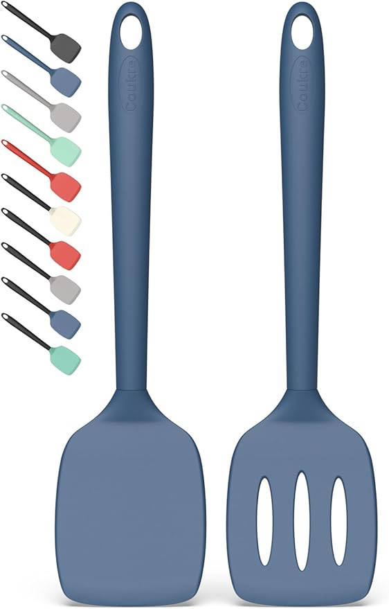 Coukre 2 Pack Silicone Spatula Set, High Heat Resistant, BPA Free Kitchen Spatula, Solid & Slotted Turner for Non-Stick Pans, Sautéing, and Flipping (2, PureDarkBlue) by Coukre