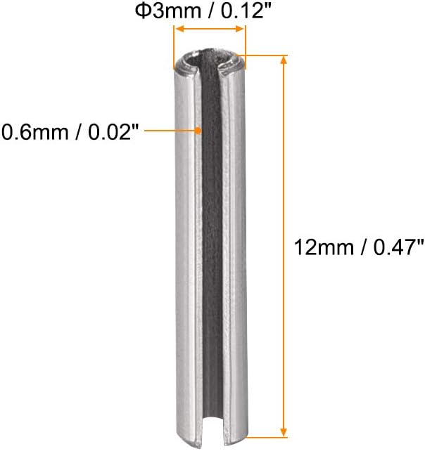 uxcell Slotted Spring Pin - M3 x 12mm 304 Stainless Steel Split Spring Roll Dowel Pins Plain Finish 20Pcs