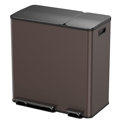 Lovewind Double Trash Can Kitchen, 13+5.5 Gallon Stainless Steel Dual Trash and Recycle Bin Combo with Silent Close Lid, Heavy-Duty Foot Pedal, Easy to Clean Garbage Can for Large Families, Brown