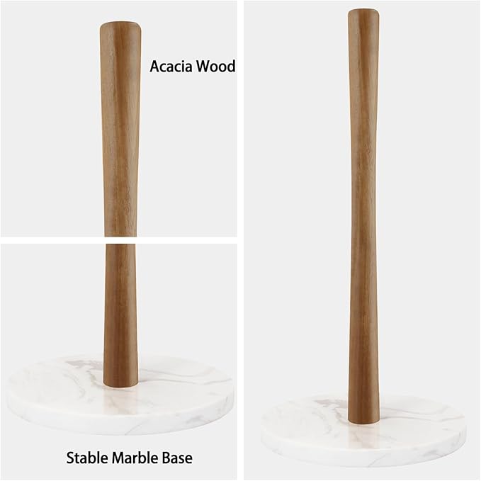 Buruis Wood Paper Towel Holder, Marble Base Modern Decorative Countertop Standing Rolls Holder for Kitchen, Toilet, Pantry and Bathroom (Marble Base White) - Image 3