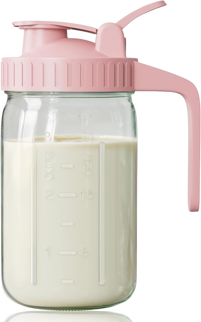 Breast Milk Pitcher, Mason Jar 32 oz, Heavy Duty Wide Mouth Jar with Pink Flip Cap Lid and Pour Spout, Airtight Seal for Freshness and Convenience, Great for Cold Beverages and Home Entertaining by OneDream