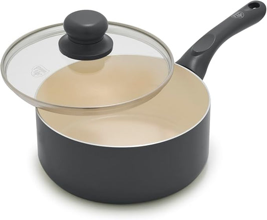 GreenLife 2 Quart Nonstick Saucepan with Lid, Non-Toxic Ceramic Pot, Dishwasher Safe, Stay-Cool Handle, Induction Ready, Fast Heating, PFAS/PFOA Free, Easy Clean, Graphite Black by GreenLife