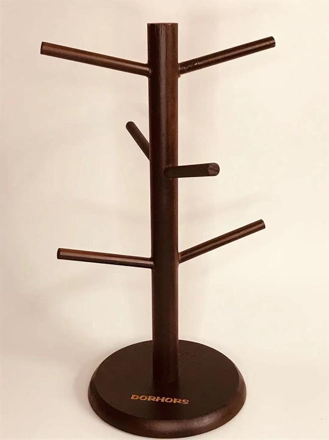 Dorhors Mug Tree,Coffee Cup Holder with 6 Hooks,Wood Mug Holder for Counter,Coffee Bar Accessories and Orgnizer Station (Brown)