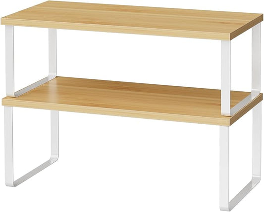 OGEMXU Cabinet Shelf Organizers, 15.7 inches Large Kitchen Counter Shelf, Set of 2 Wood Kitchen Pantry Organizer, Storage Shelves for Countertop, Spice Rack, Stackable, Expandable, Metal White, Nature by OGEMXU