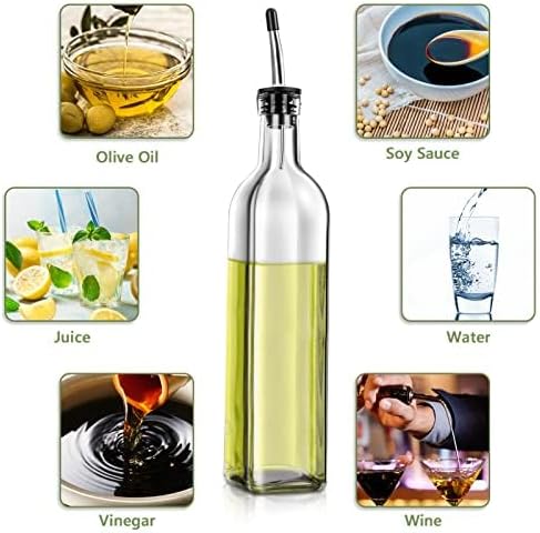 Leaflai Olive Oil Dispenser Bottle, 2 Pcs Glass Olive Oil Dispenser and Vinegar Dispenser Set with 2 Stainless Steel Pourers, 4 Labels,1 Brush and 1 Funnel Oil Bottles for Kitchen (500ml) - Image 2