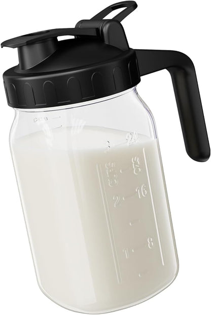 Breast Milk Pitcher - 32 oz Glass Mason Jar with Dual Leak-Proof Design, Airtight Seal, Pour Spout & Handle, Storage Container for Breastmilk, Iced Tea & Ice Drinks（Black） by Junvpic