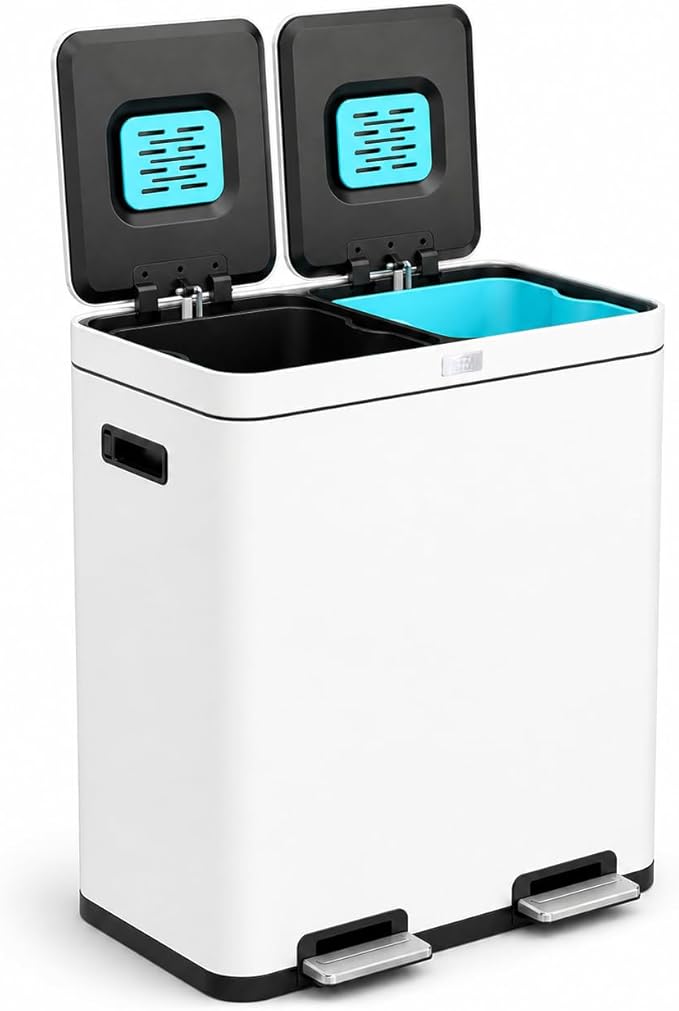 Home Zone Living 16 Gallon Kitchen Trash Can with Dual Compartments for Recycling and CleanAura for Odor Control, Stainless Steel, White, 60 Liters Total