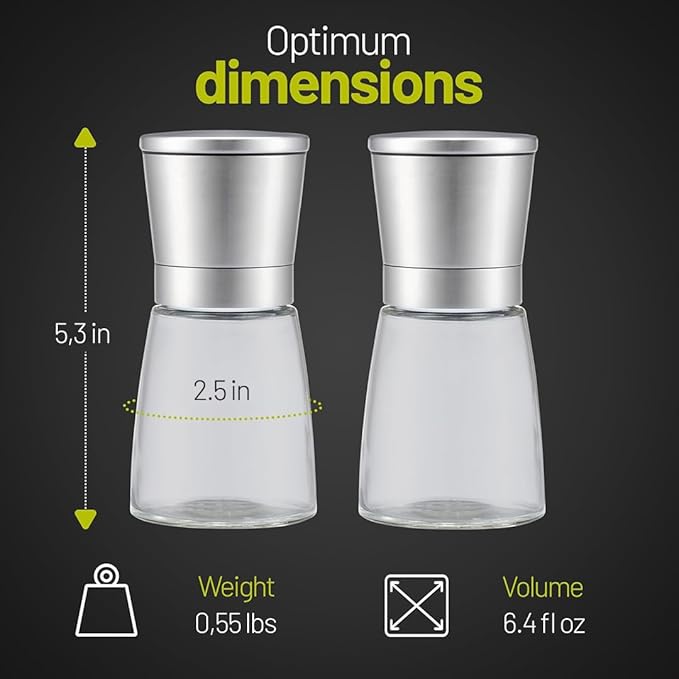 ZOLMER® Premium Stainless Steel Salt and Pepper Grinder Set | Adjustable Ceramic Mill - Small Silver Manual Grinder for Salt, Pepper, and Chili [No Spices Included]