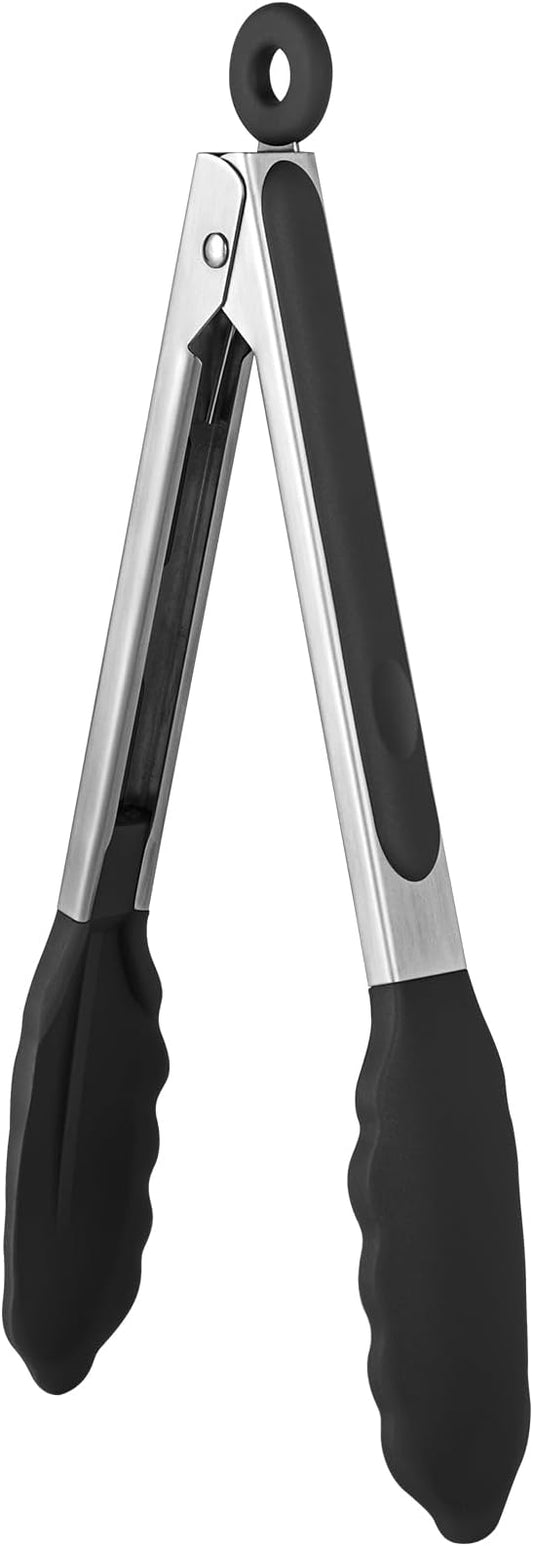 600ºF Heat Resistant Kitchen Tongs: U-Taste 9 inch Silicone Cooking Tong with Firm Sealed Non Stick Rubber Tips & Silicon Coated 18/8 Stainless Steel Handle & Smooth Locking for Serving Salad (Black) by U-Taste