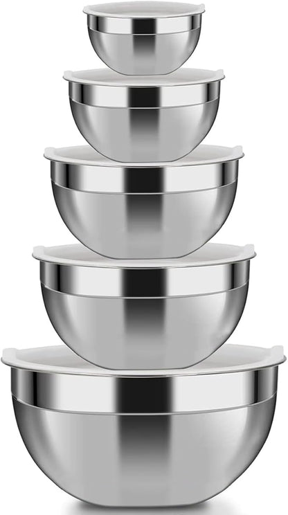 Mixing Bowls, 5Pcs Stainless Steel Mixing Bowl Set, Utensils for the Kitchen, Multifunctional, Stackable, Dishwasher Safe, 3.75L / 3.25L / 2.5L / 2L / 1.3L (With lid) by YUNYDSM