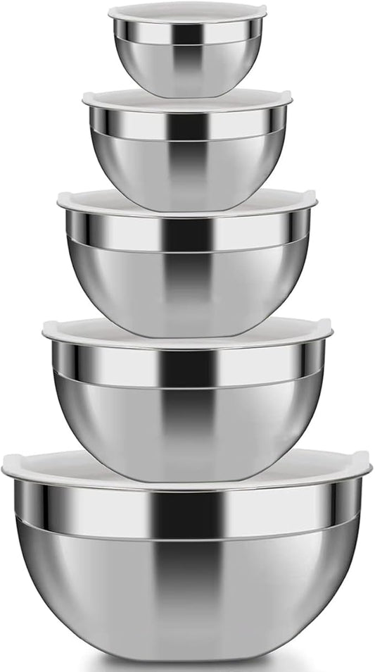 Mixing Bowls, 5Pcs Stainless Steel Mixing Bowl Set, Utensils for the Kitchen, Multifunctional, Stackable, Dishwasher Safe, 3.75L / 3.25L / 2.5L / 2L / 1.3L (With lid) by YUNYDSM