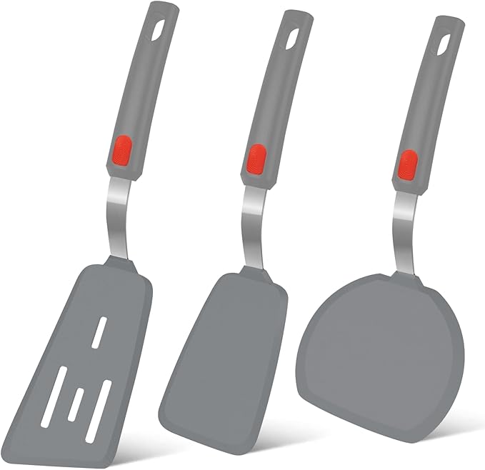 Silicone Spatula Turner Set of 3, Beijiyi 600°F Heat Resistant Cooking Spatulas for Nonstick Cookware, Large Flexible Kitchen Utensils BPA Free Rubber Spatula Set for Egg, Pancake, Fish (Gray) by Beijiyi