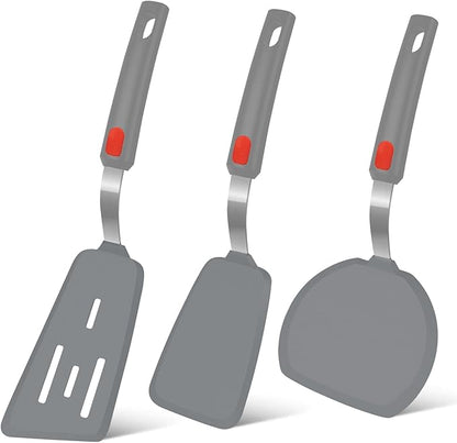 Silicone Spatula Turner Set of 3, Beijiyi 600°F Heat Resistant Cooking Spatulas for Nonstick Cookware, Large Flexible Kitchen Utensils BPA Free Rubber Spatula Set for Egg, Pancake, Fish (Gray) by Beijiyi