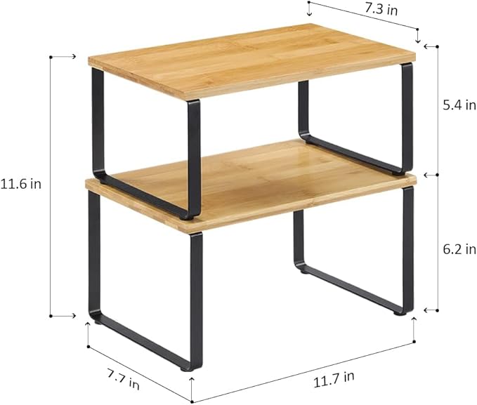 NEX Cabinet Organizer Shelf Set of 4, Stackable Kitchen Counter Shelves, Expandable Spice Rack Pantry Organizers, Bathroom Cupboard Storage Desk Riser, Bamboo and Metal, Black - Image 3