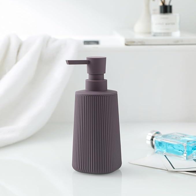 Small Soap Dispenser for Bathroom and Kitchen, Modern Farmhouse Striped Style Plastic Hand Soap Dish Soap Dispenser with Pump Matte Purple - Image 4