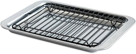 Nordic Ware Naturals 2 Piece Compact Pan Set, Toaster Oven, Counter Ovens, Air Fryer and Broiler Safe, Personal Size for 1-2 Portions - Includes Compact Baking Sheet with Broiling Rack
