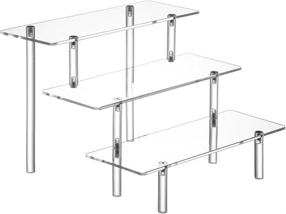 HENABLE Acrylic Display Risers, Acrylic Perfume Stand Organizer, Clear Shelf Risers for Display Stands for Food, Tabletop Use, Amiibo Funko POP Figure, 3 Tier Clear Cupcake Stand Risers