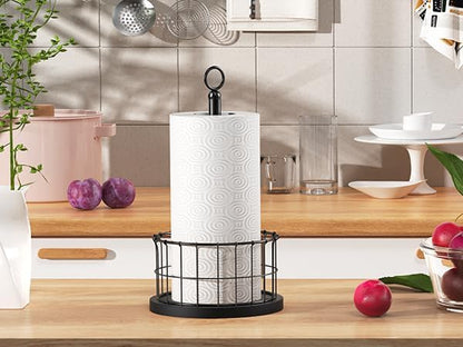 Homode Paper Towel Holder Countertop, Free-Standing Paper Towel Rack with Heavy Duty Wood Base, Industrial Paper Towel Roll Stand for Kitchen Counter, Fits Standard and Jumbo Size Rolls, Black