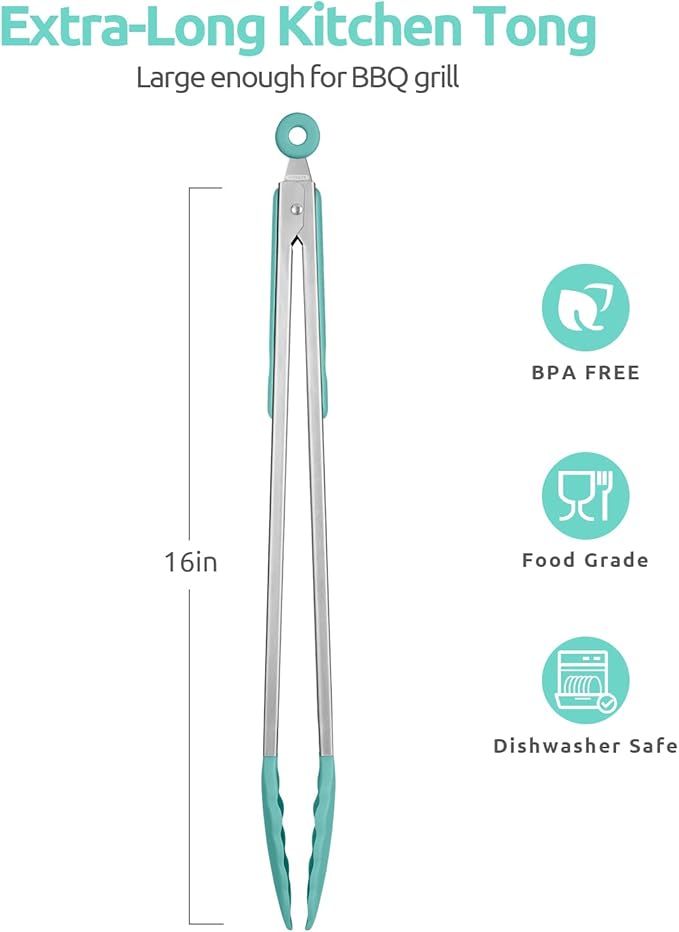 600ºF Heat Resistant Kitchen Tongs: U-Taste 16 in Extra Long Large Silicone Cooking Tong with Sturdy Non Stick Rubber Tips & Non Slip Silicon Coated 18/8 Stainless Steel Handle for Grill BBQ(Aqua Sky) - Image 2