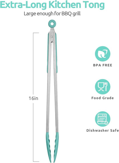 600ºF Heat Resistant Kitchen Tongs: U-Taste 16 in Extra Long Large Silicone Cooking Tong with Sturdy Non Stick Rubber Tips & Non Slip Silicon Coated 18/8 Stainless Steel Handle for Grill BBQ(Aqua Sky) - Image 2