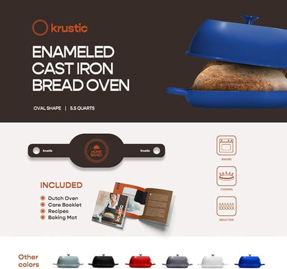Krustic Enameled Cast Iron Dutch Oven for Professional Sourdough Bread Baking | 5.5 Quart Loaf Size Oval Cookware Pot with Lid | Triple-Layer Enamel Coating Pan with Non Stick Silicone Mat | Blue