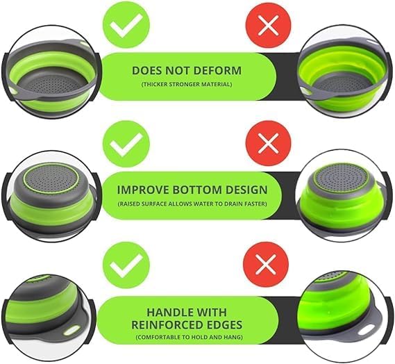 Green Round Silicone Collapsible Colander – Silicone Round Small Kitchen Strainers with Plastic Handles Foldable Kitchen Strainer Perfect for Draining Pasta Vegetable and Fruit - Image 3