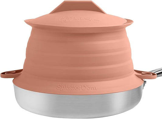 L.I.Q Silicone Splatter Guard – Fits 8 and 10 Inch Pots (20 and 25 Centimeters) – Microwave Safe and Durable SplatterDom - Includes 8” Lid - Food and Oil Splash Guard (Terra Cotta, Small)