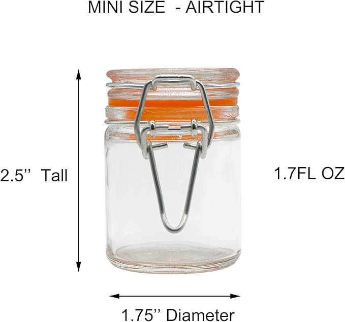 1.7 oz Mini Glass Spice Jars with Labels, Small Stash Jars with Airtight Hinged Lid, 12 Pack Empty Spice Bottles with Rubber Gasket for Herb Tea Seasoning Storage
